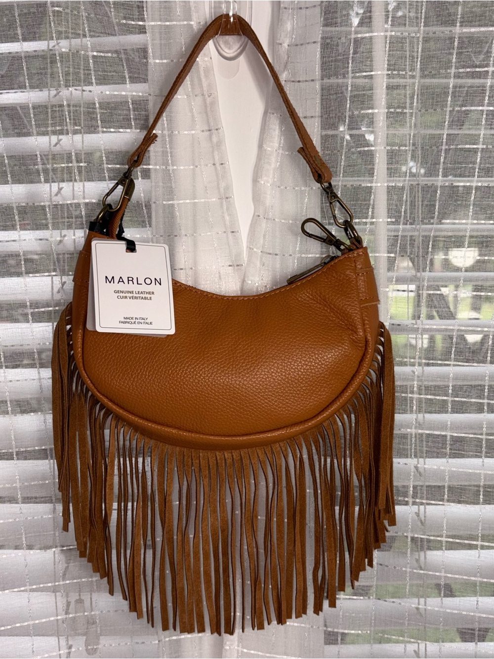 NWT Marlon Italy Leather Fringe Hobo Crossbody Bag Camel Brown Boho - Picture 2 of 14